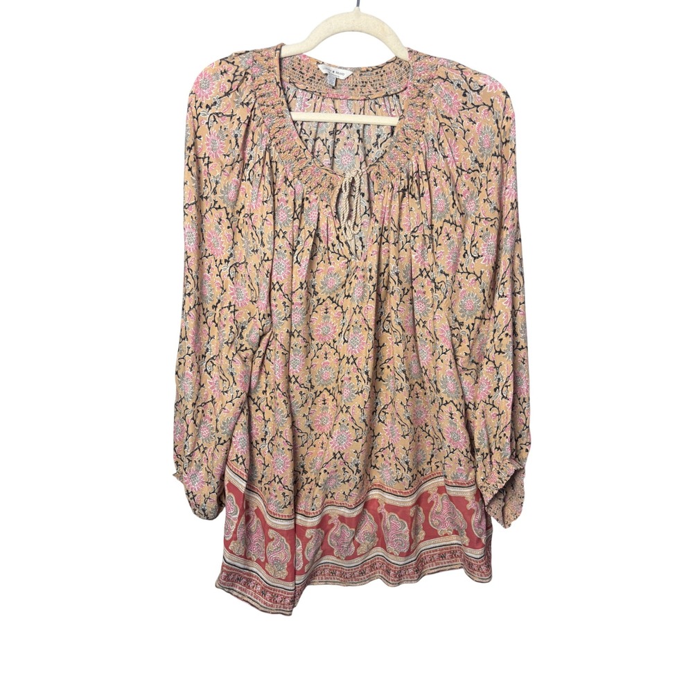 Lucky Brand Peasant Top Plus Size 2X Orange Pink Floral Smocked Boho Cottagecore